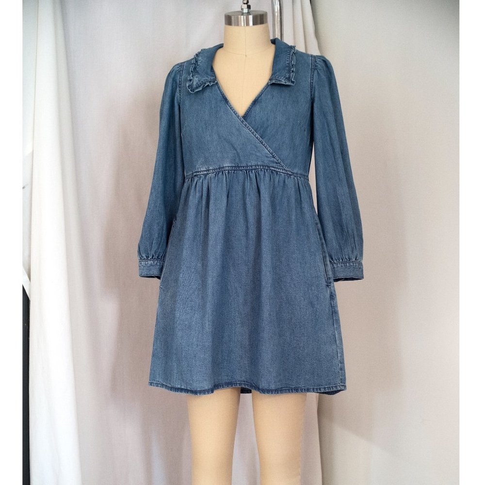 NWT Madewell Babydoll Mini Denim Puff Sleeve Faux Wrap Dress with Ruffle Collar
